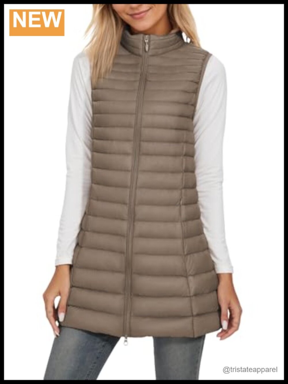 Women's Mid Long Puffer Vest Ultra Light Down Vest Zip Up Stand Collar